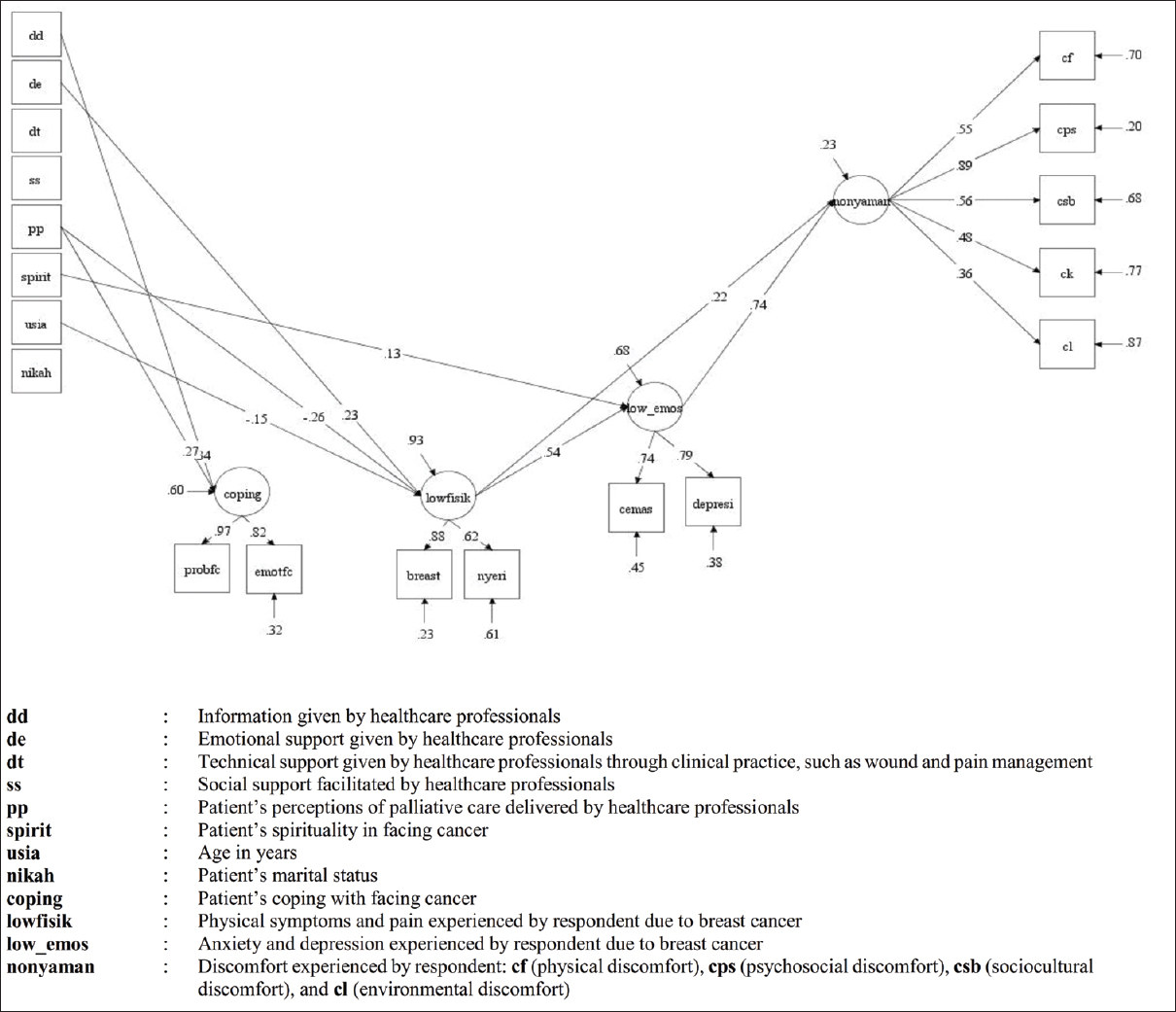 Structural equation modeling of the relationships between the variables