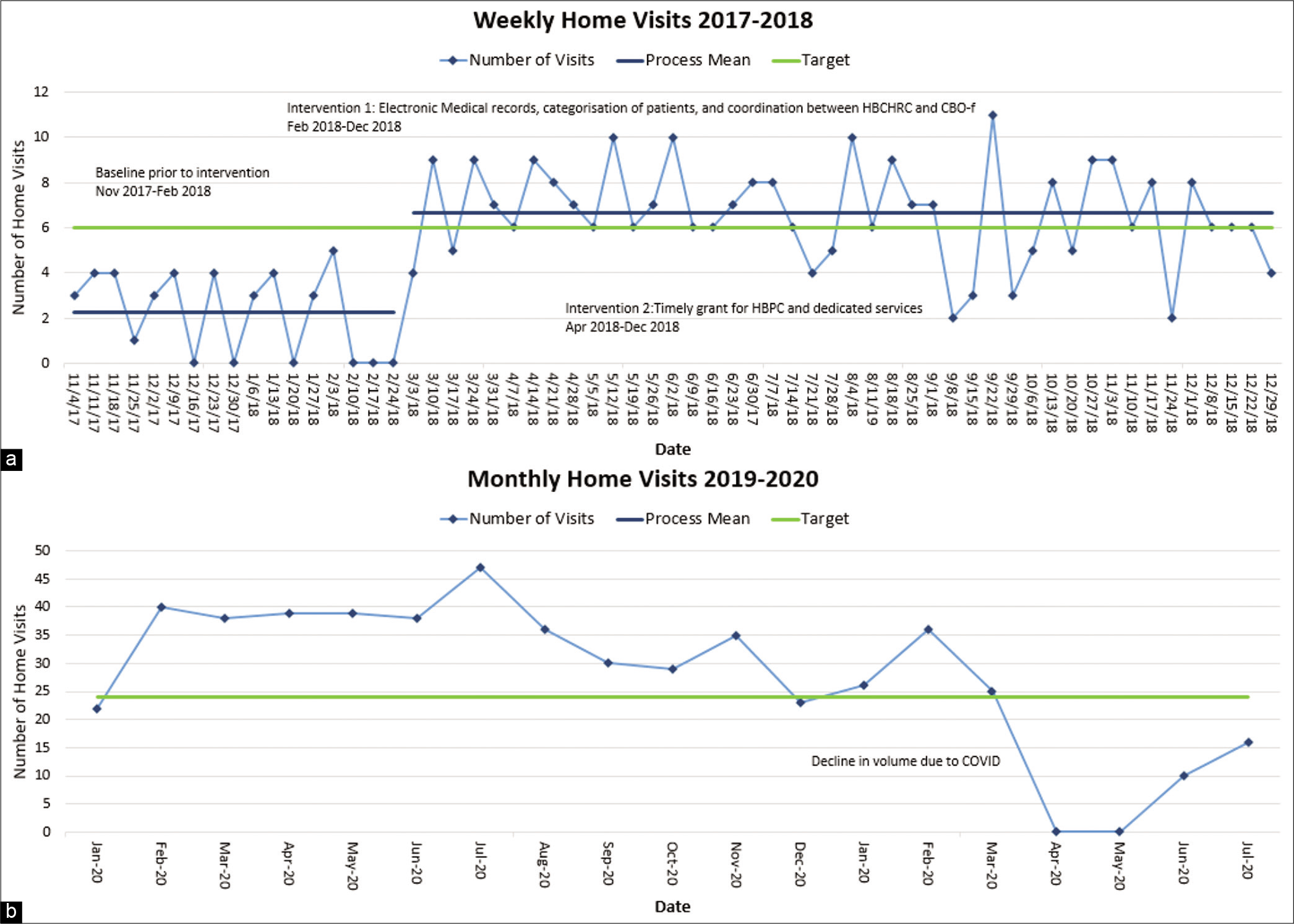 (a) Weekly homecare services recorded as a run chart, across the duration of the project and after completion of the project. (b) Run chart January 2019– July 2020 – monthly HBPC visits done (only physical) target 6/week or 24/month.