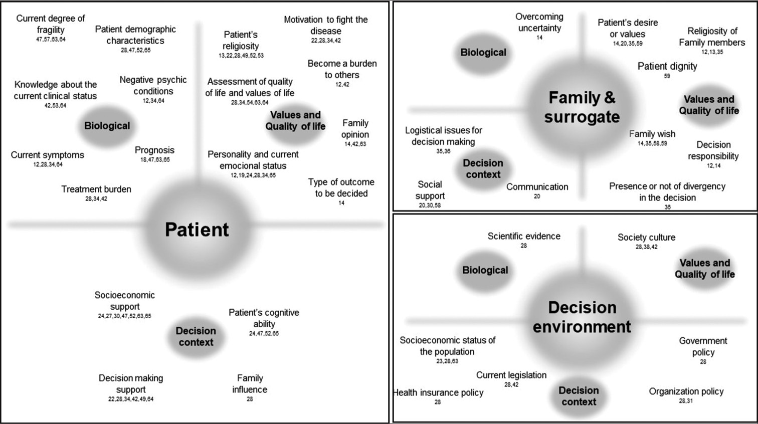 Influencing factors mosaic for patient, family, surrogate and decision environment.