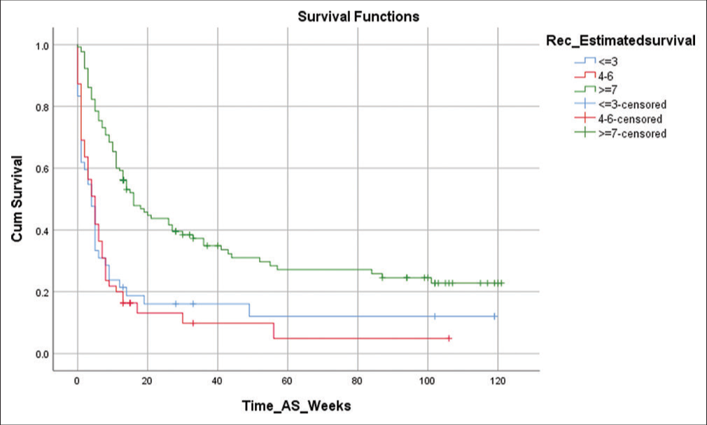 Kaplan–Meier survival curves for each palliative prognostic index group.